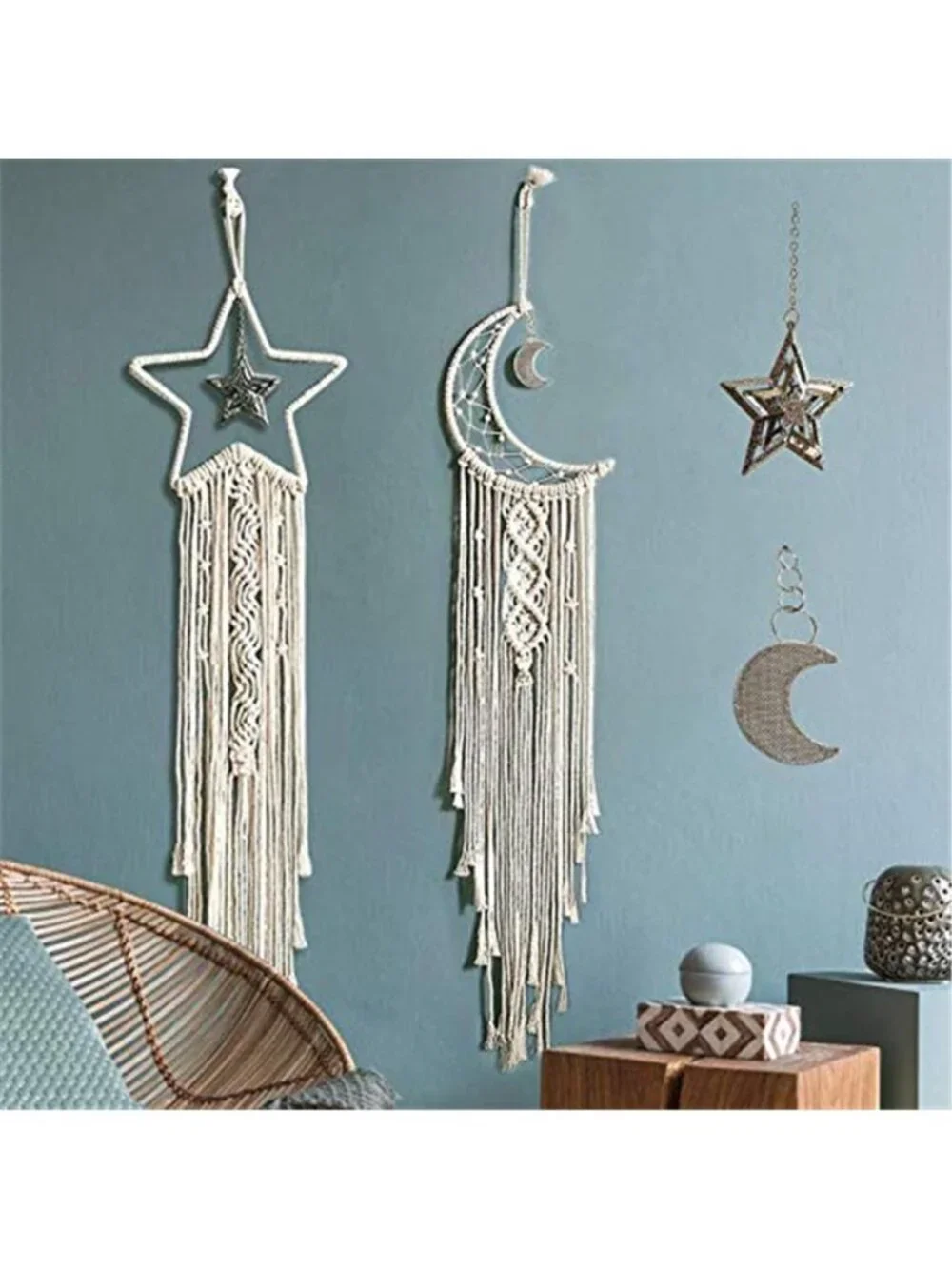 Moon Star Dream Catcher Decor, 2pcs Boho Home Moon Star Dreamcatcher, Macrame